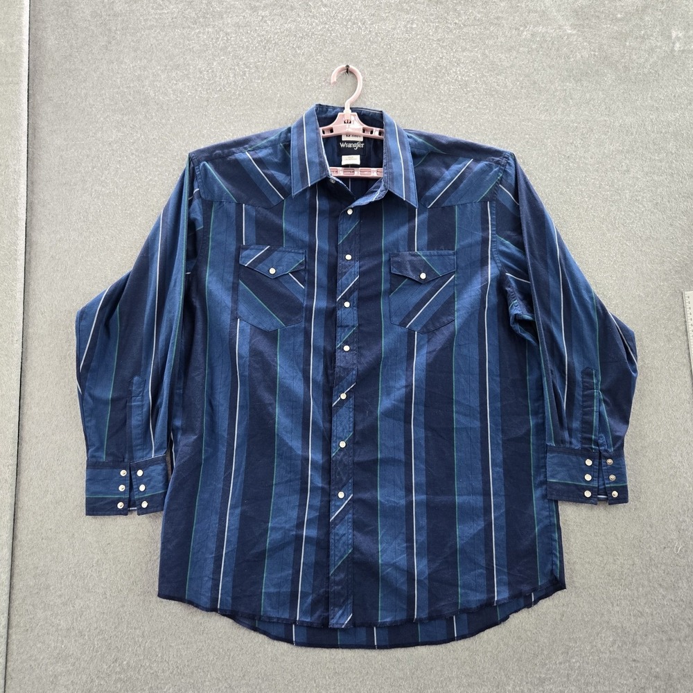 Wrangler Men Button Up Shirt 18 TALL Blue Striped Western Long Sleeve Pearl Snap